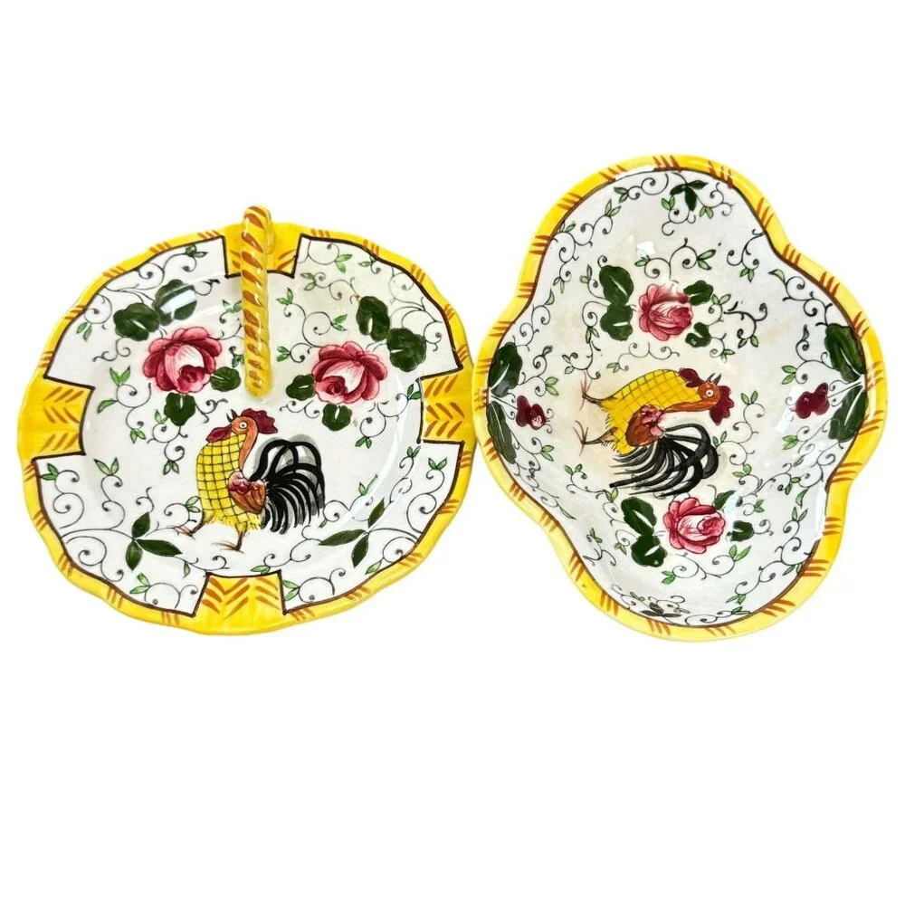 Vintage Ucagco Rooster, Roses Dish Early Provincial Underglaze Decorative Plate - Picture 2 of 14